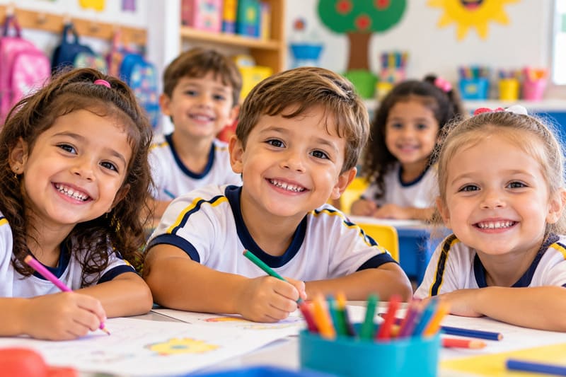 Crianças sorrindo em atividade escolar